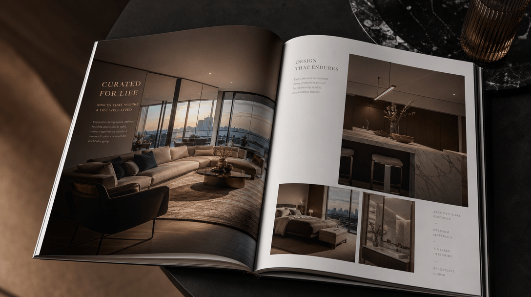 A premium real estate property brochure open on a sleek dark editorial surface, glossy pages showing sharp architectural
