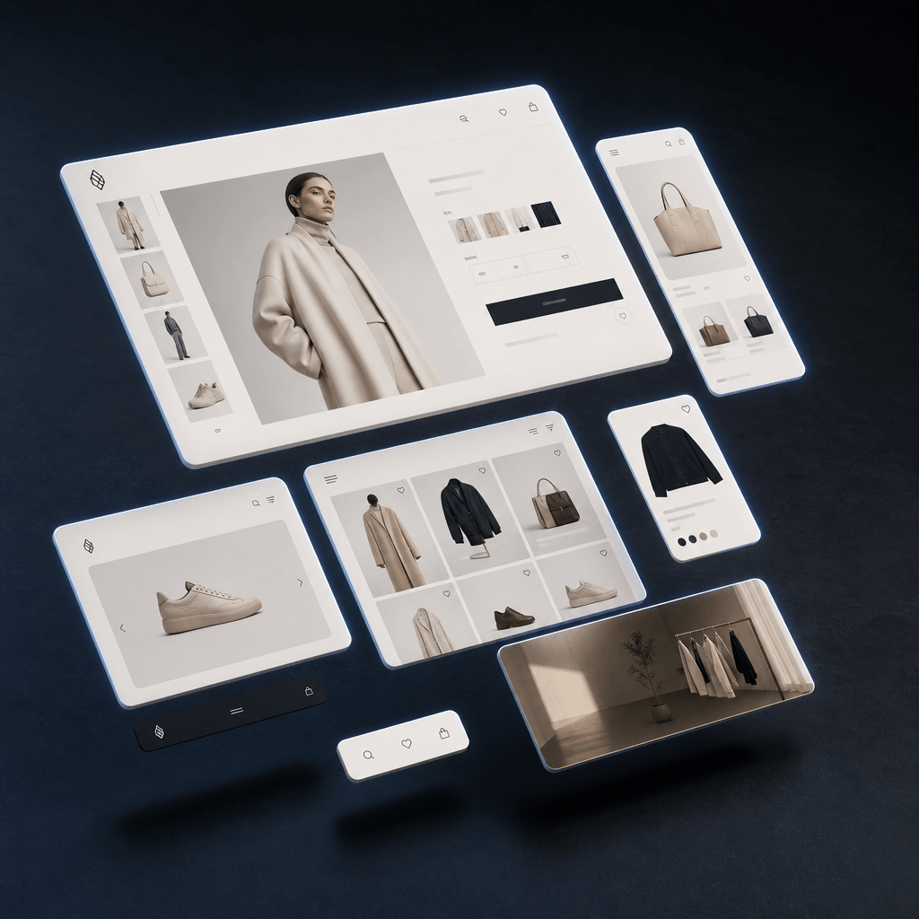 An e-commerce website interface shown as floating UI panels in an asymmetric dynamic composition above a deep dark surfa