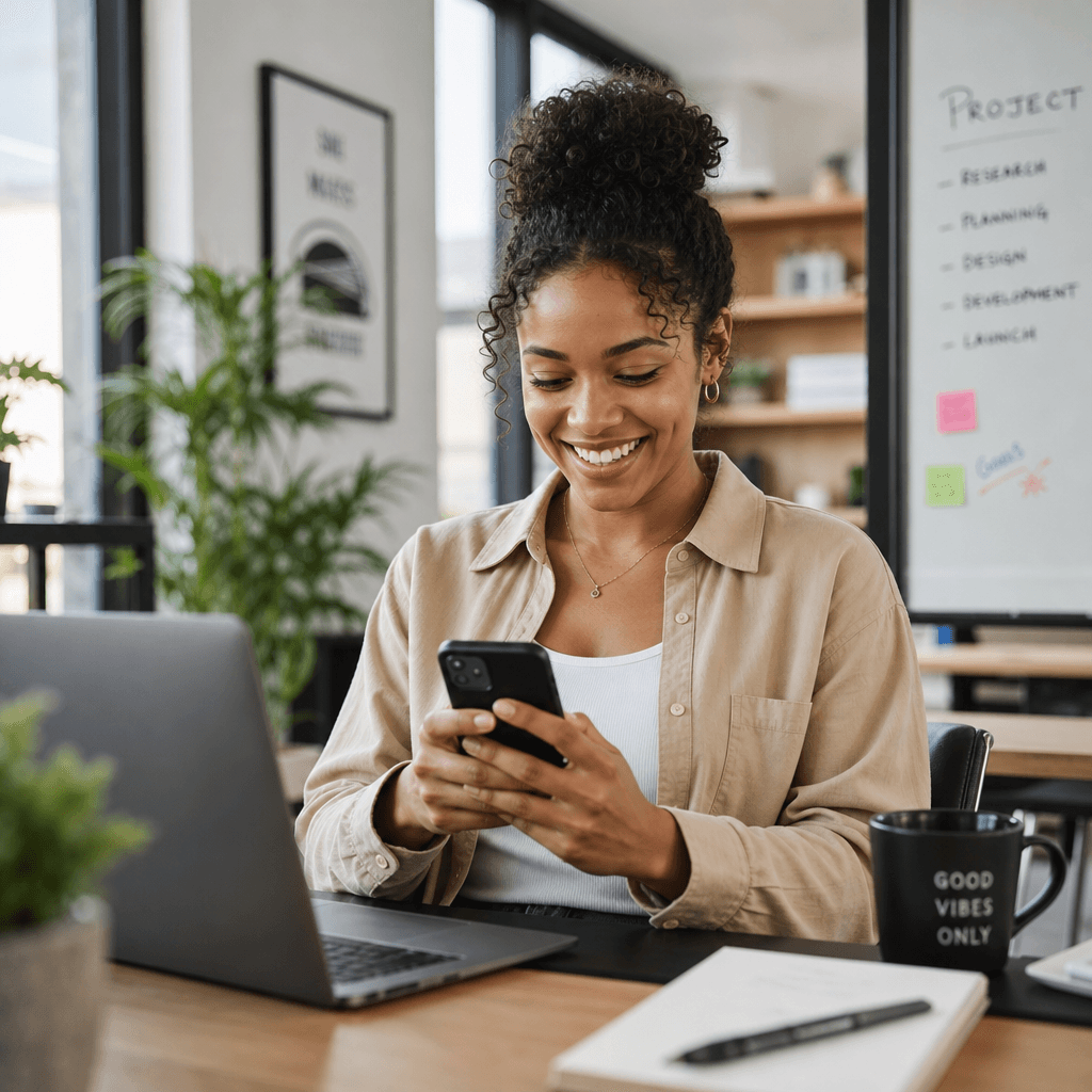 Diverse young professional smiling at phone, casual modern office setting, natural daylight, genuine happiness expressio
