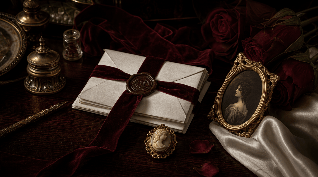 A coordinated historical-romance campaign still life with sealed envelopes, velvet ribbon, cameo jewelry, a miniature fr