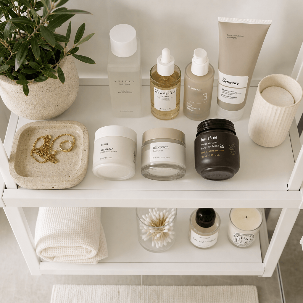 Top-down view of beauty products arranged on white minimalist bathroom shelf. Skincare bottles and jars neatly organized