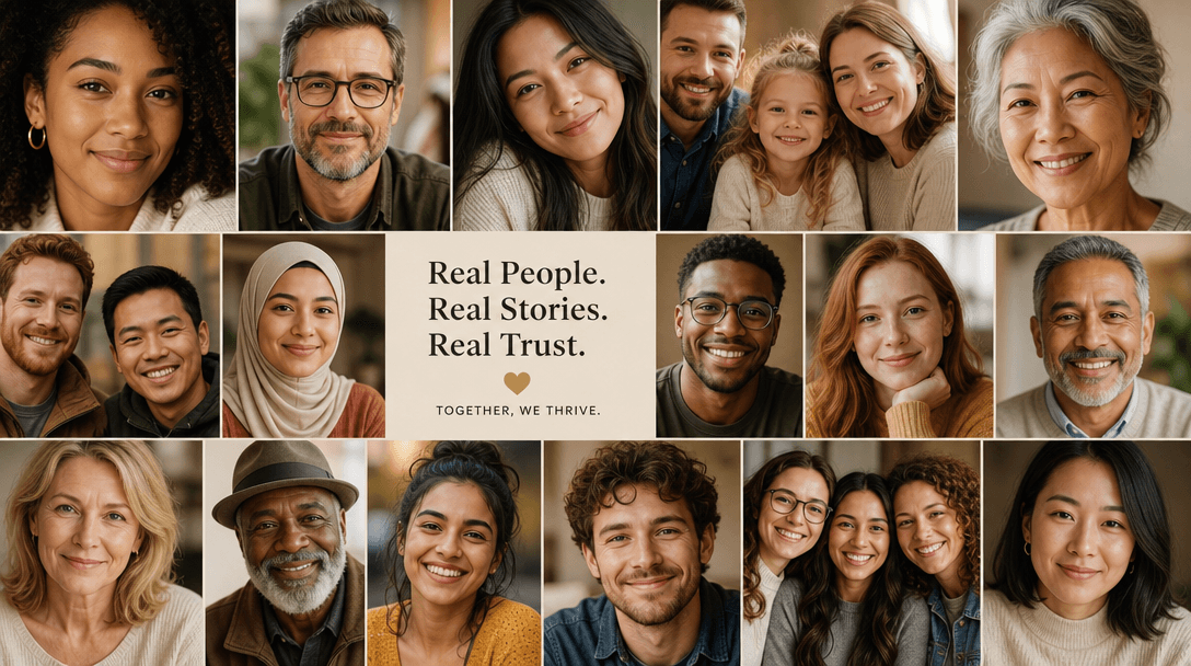 Collage of diverse happy faces with subtle smile expressions, warm color palette, trust-building composition, social pro