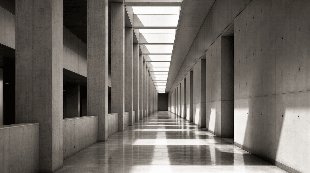 Wide architectural photograph of a modernist building interior corridor: precisely aligned structural columns receding t