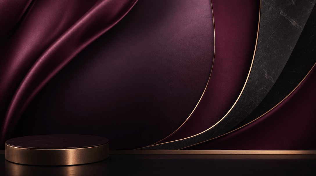 Abstract luxury and sophistication composition expressing premium brand positioning. Deep wine red and dark purple tones
