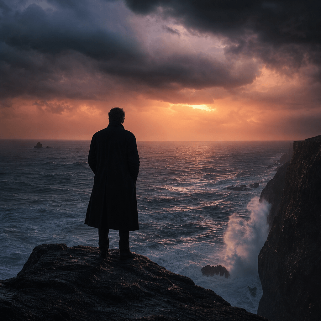 Cinematic book cover composition in thriller genre aesthetic: a lone figure silhouetted against a vast storm-lit ocean a