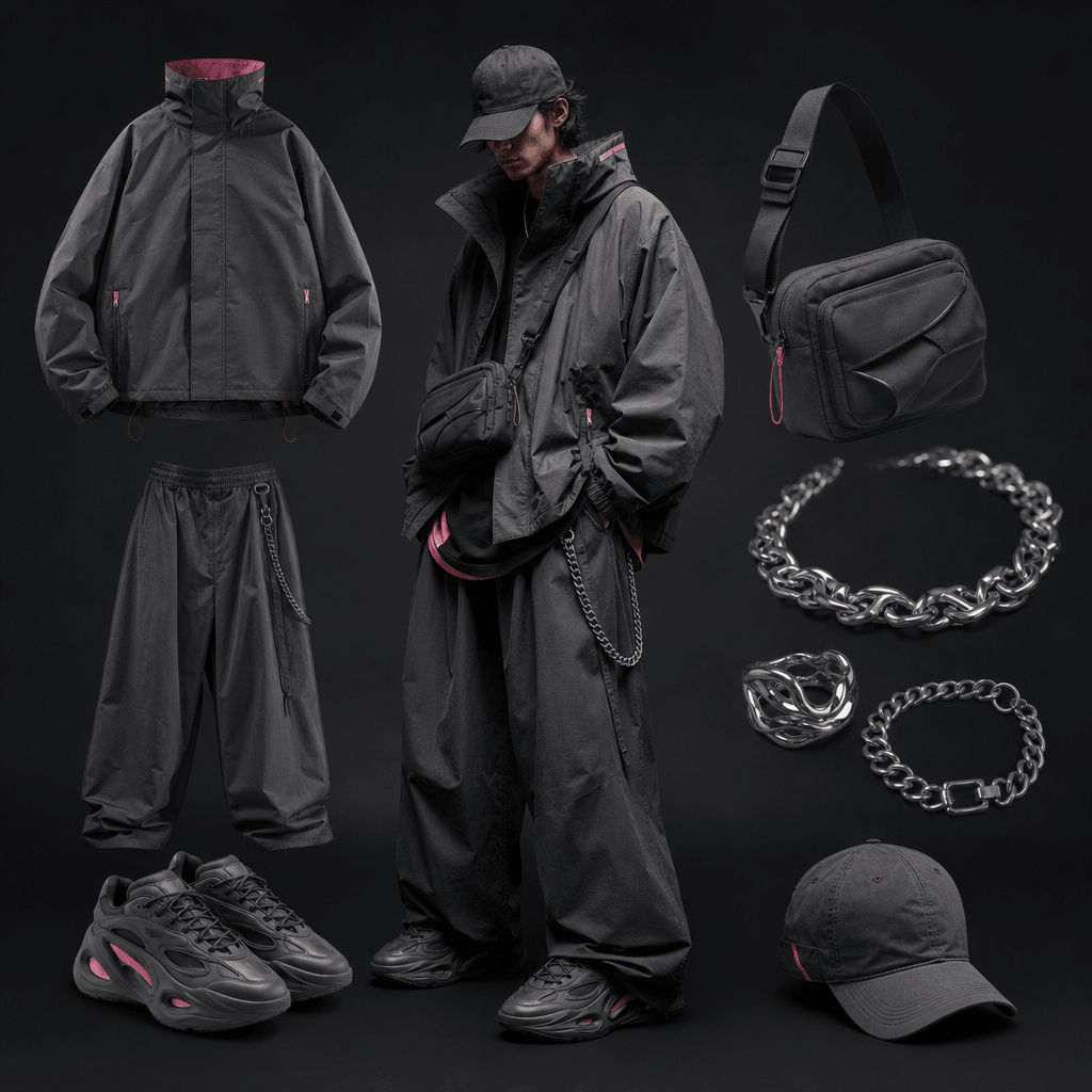 A streetwear outfit breakdown featuring an oversized jacket, wide-leg trousers, sculptural sneakers, compact shoulder ba