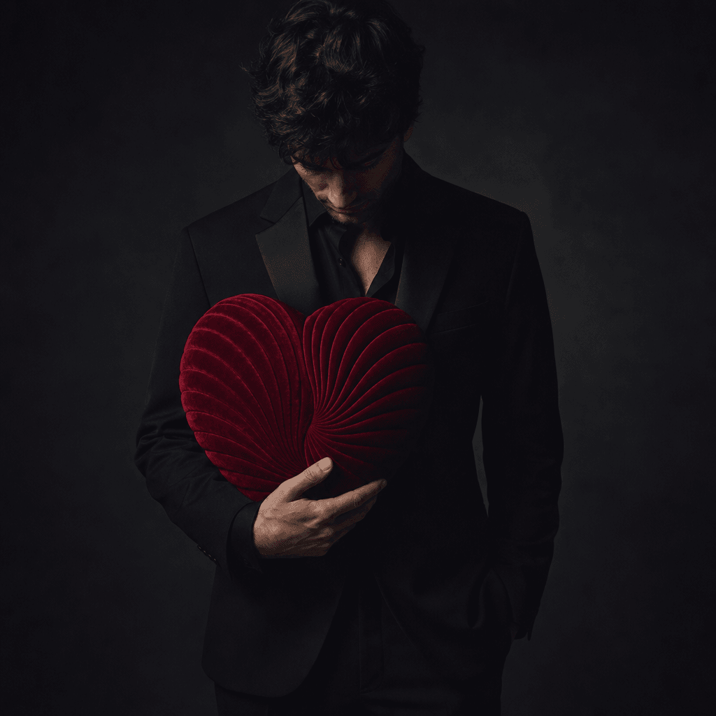 Anonymous man in a tailored black outfit holding a sculptural crimson heart cushion against a near-black backdrop, moody