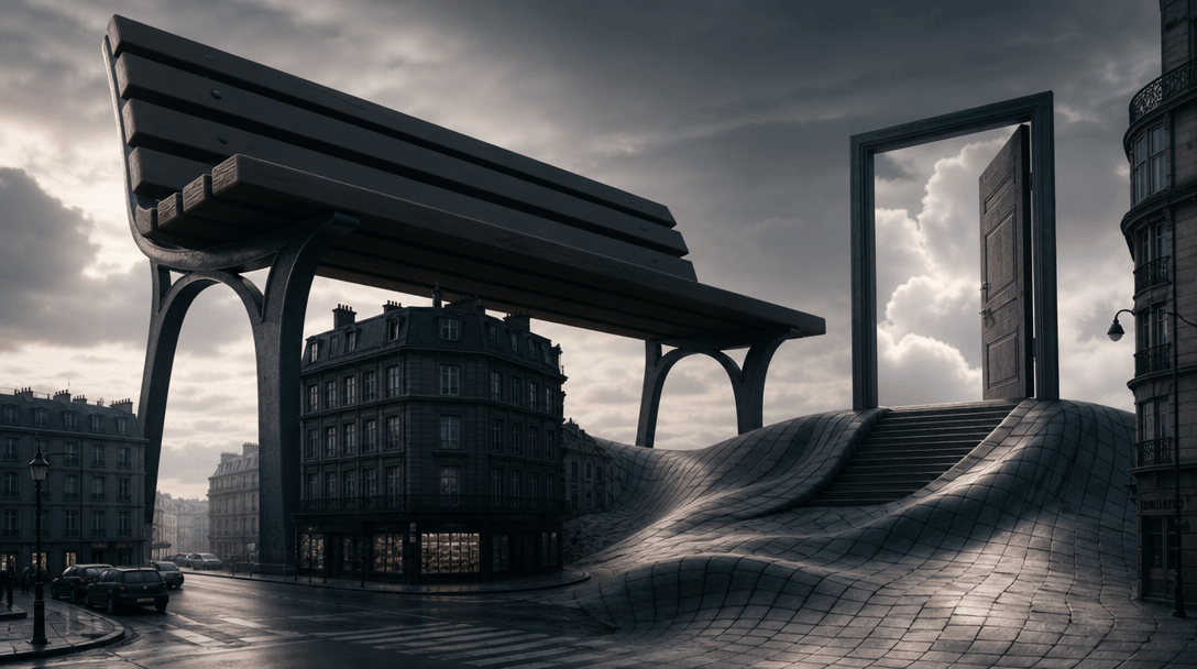 Familiar urban objects arranged in an intentionally impossible landscape: a bench taller than a building, a doorway open
