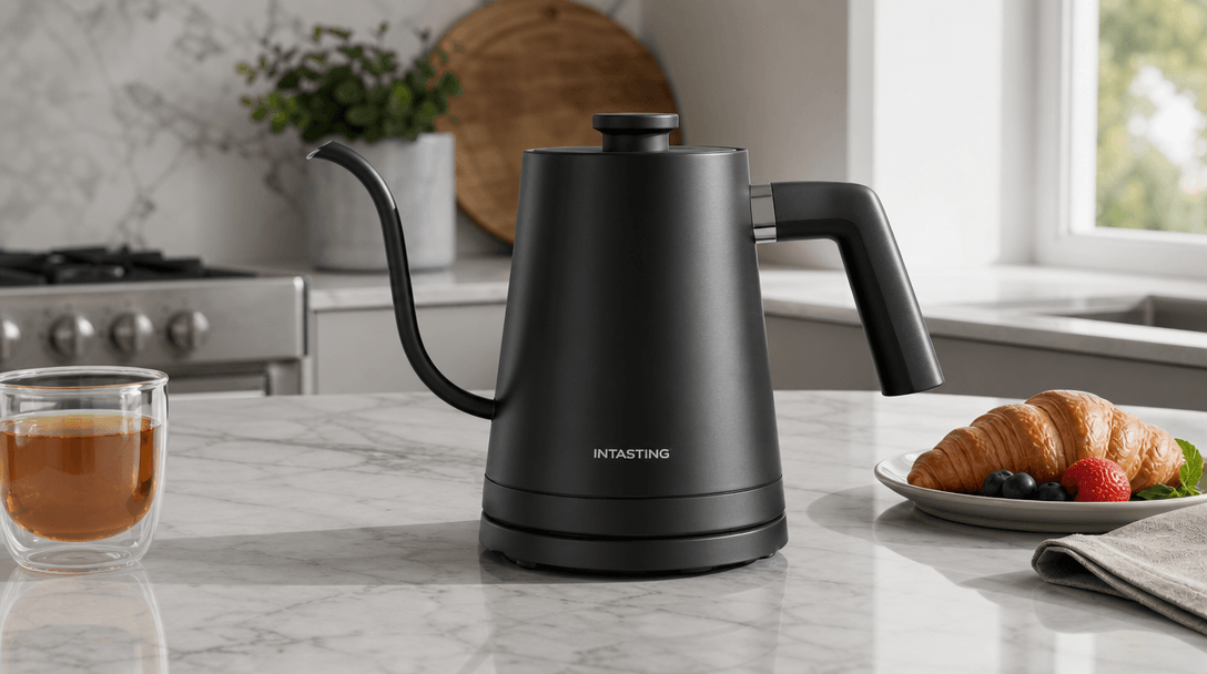Realistic product shadows cast on kitchen counter surface. Three-dimensional depth and grounding. Professional studio li
