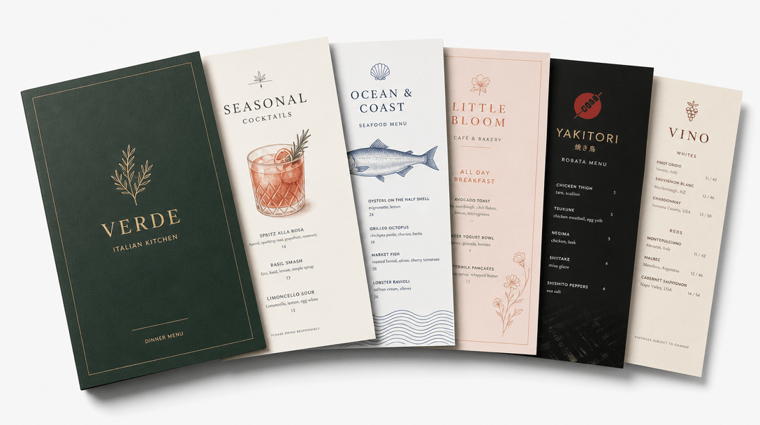 Stacked and fanned menu cards photographed in studio lighting, crisp shadows beneath, varied layouts and designs visible