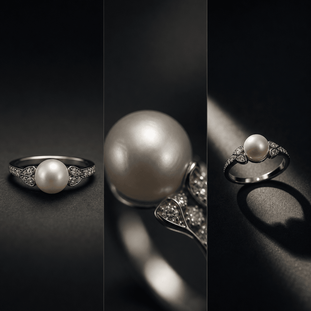 A pearl ring triptych with one clean product view, one luminous pearl macro, and one dramatic shadow composition, deep c
