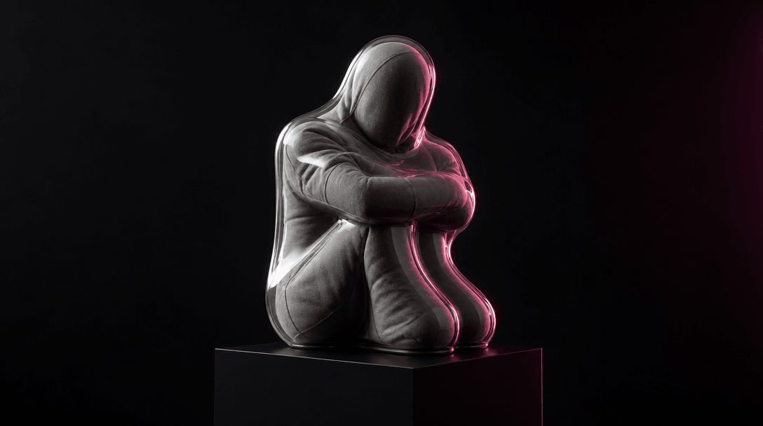 A transparent vacuum-formed shell wrapping around an abstract human-shaped fabric sculpture on a black plinth. The mater
