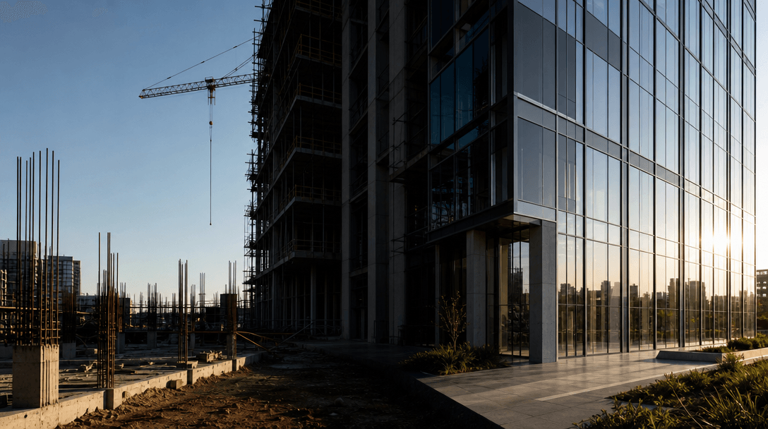 Wide editorial image showing a visual progression across the frame — left side bare earth and rebar foundation, right si