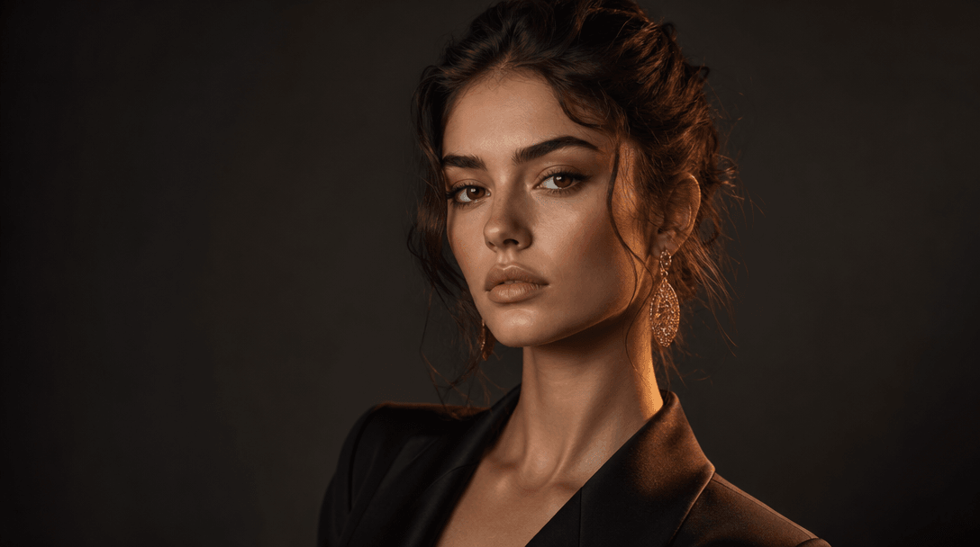 Studio portrait lighting setup with soft key light and fill, professional color grading, fashion editorial aesthetic, de