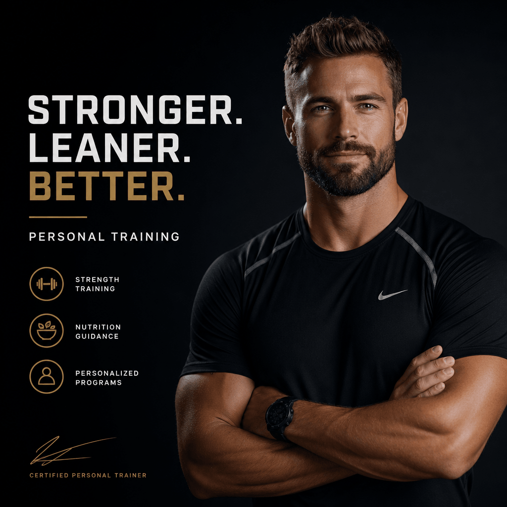 Professional personal trainer in polished athletic wear against dark moody background. Confident expression, strategic a