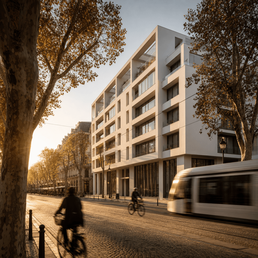 A minimalist white modernist apartment tower placed on a European cobblestone boulevard lined with mature plane trees. G