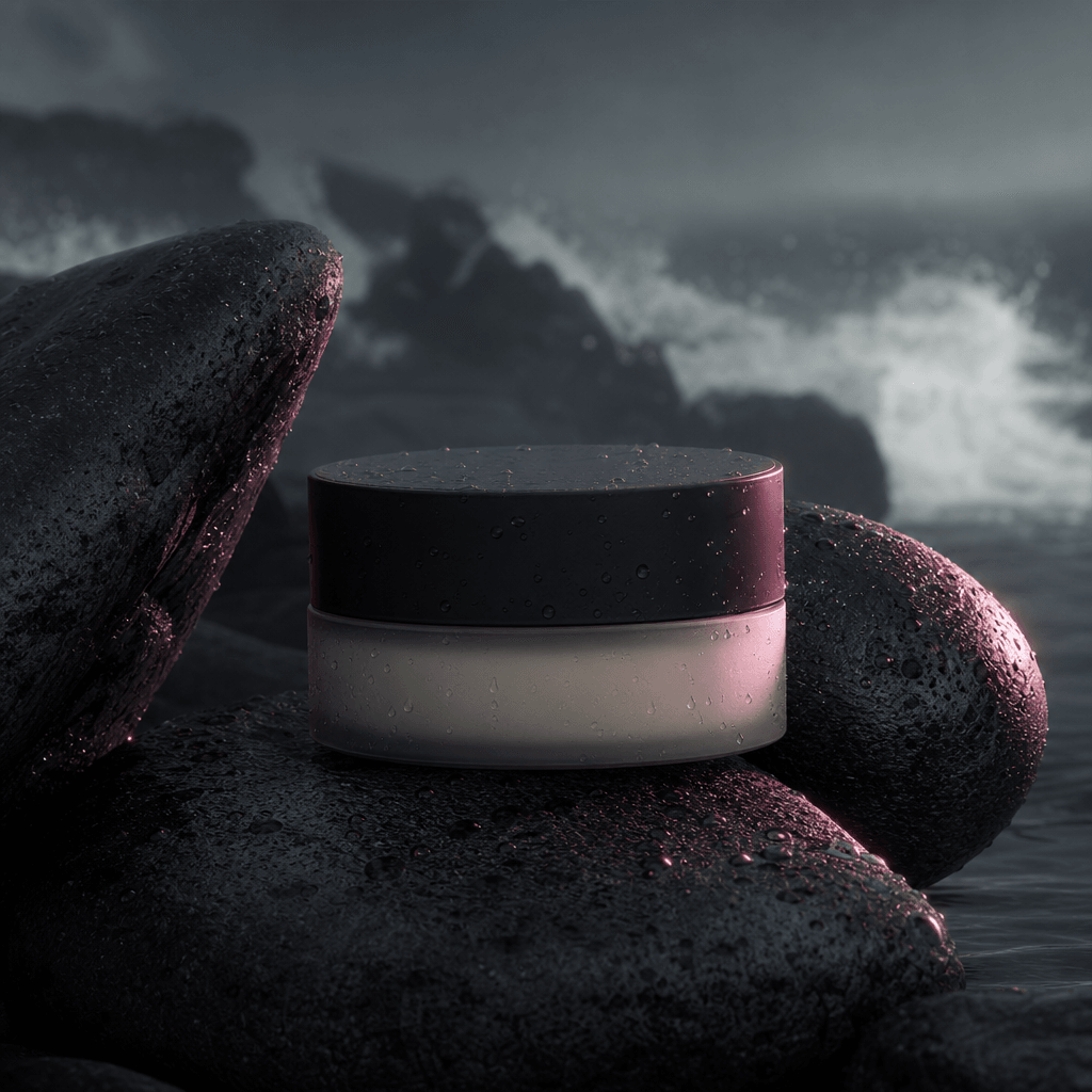 A minimalist moisturizer jar nestled between smooth dark coastal stones with mist and foam drifting behind it, moody ove