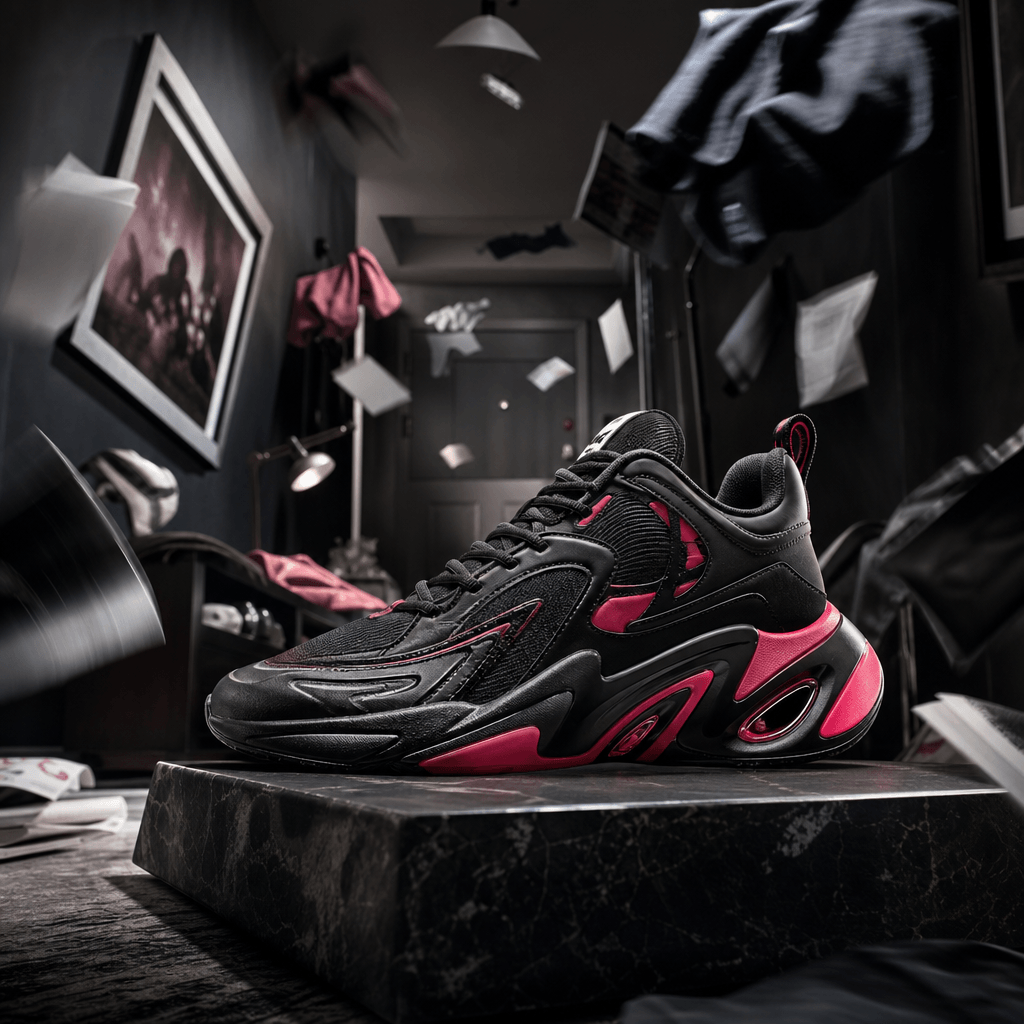 A vivid designer sneaker planted firmly on a low platform as a compact apartment hallway bursts into theatrical disorder