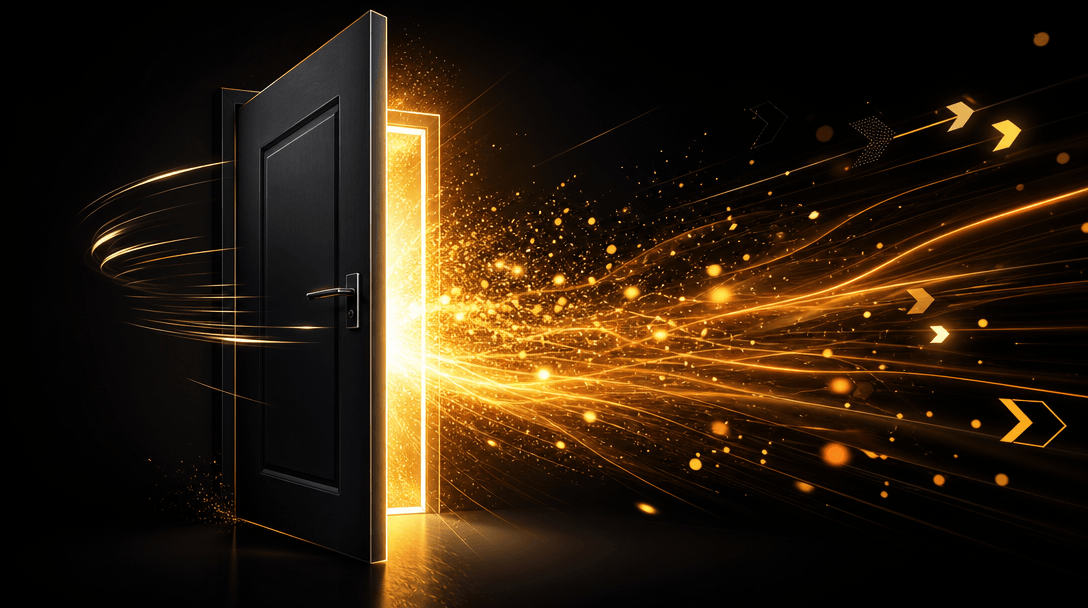 Door swinging open with motion lines indicating movement, energy particles flowing out, dynamic action indication, dark 