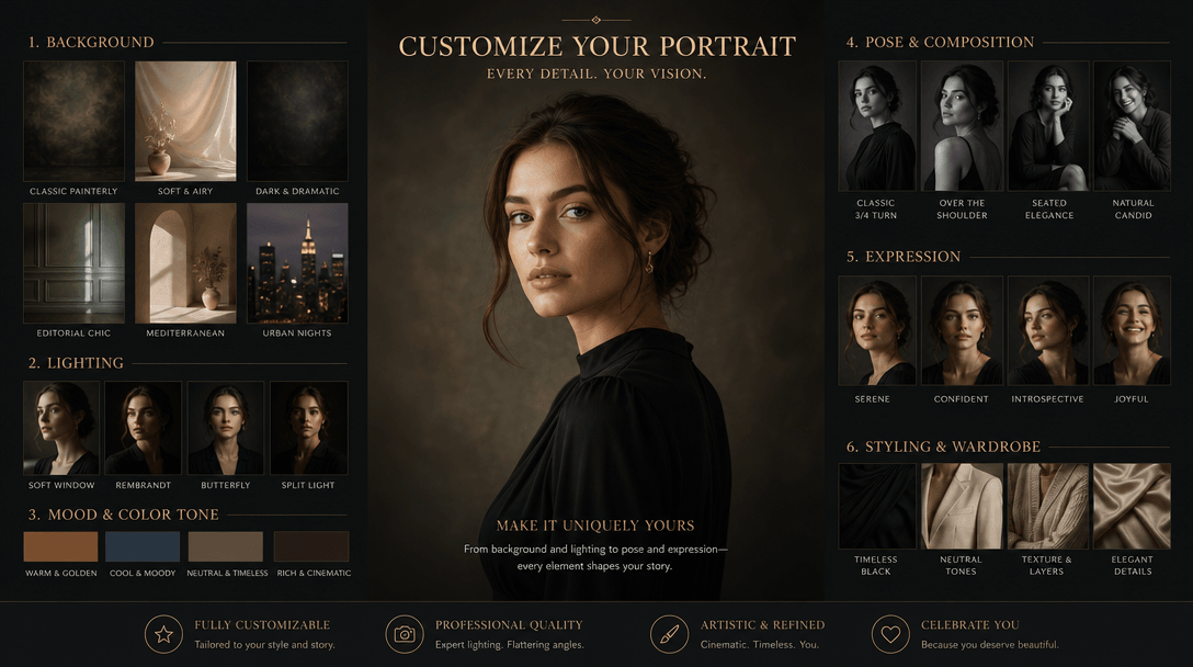 A visual representation of customizable portrait elements, featuring elegant backgrounds and lighting setups. The scene 