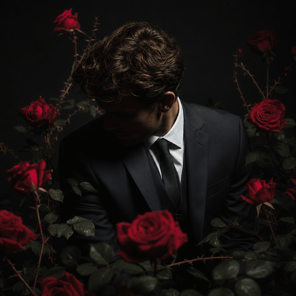 Anonymous man in a dark tailored suit surrounded by red garden roses and subtle thorny stems, focused studio spotlight, 