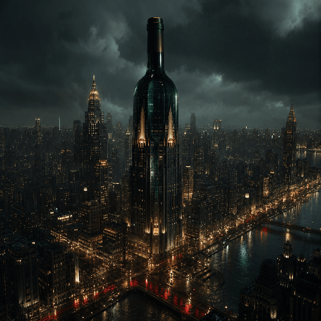 A tall emerald wine bottle rising as an art deco tower in a rain-soaked nighttime metropolis, wet streets reflecting amb