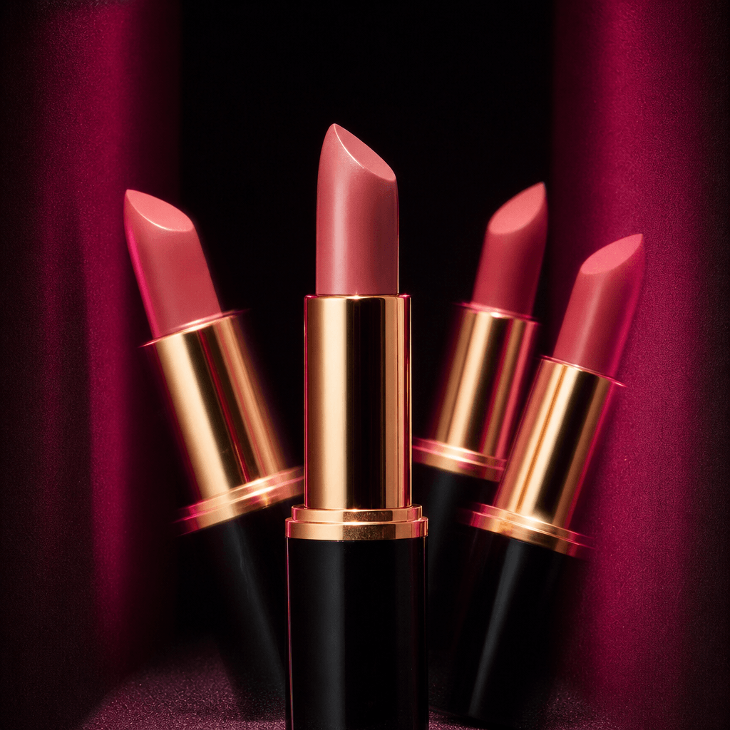 Luxury lipstick posed in a compact photobooth environment with deep black walls, saturated hot pink side lighting, crisp