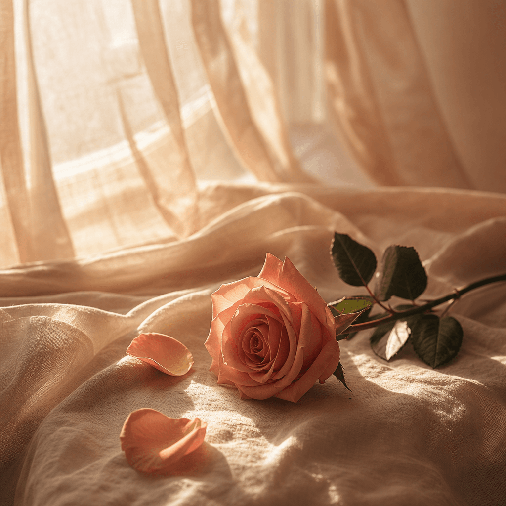 Romance novel cover aesthetic: golden-hour light streaming through gauze curtains, a single long-stemmed rose resting on