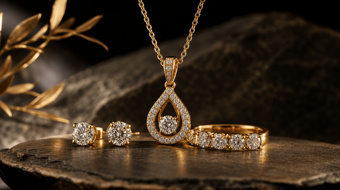 Gold and diamond jewelry with dramatic accent lighting, professional product showcase, premium color grading.