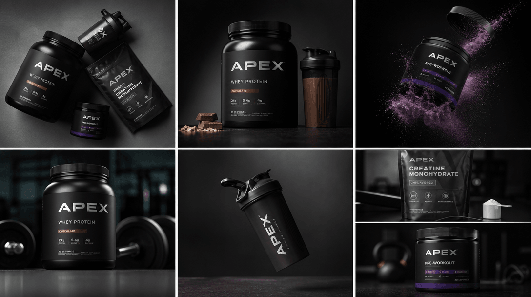 Stacked athletic products shot from multiple cinematic angles—overhead, side, dynamic perspective, representing variety 