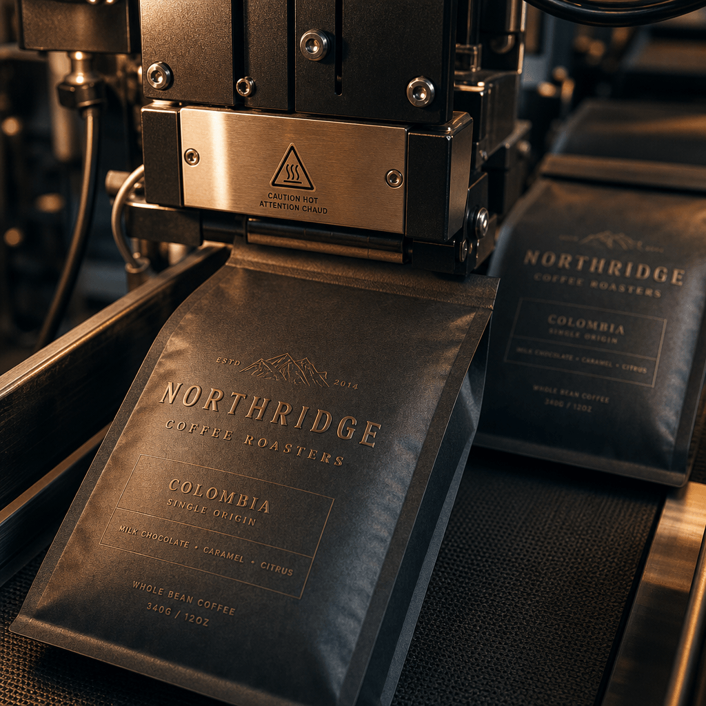 Premium specialty coffee bags being heat-sealed on a modern production line, matte dark kraft bags with embossed label b