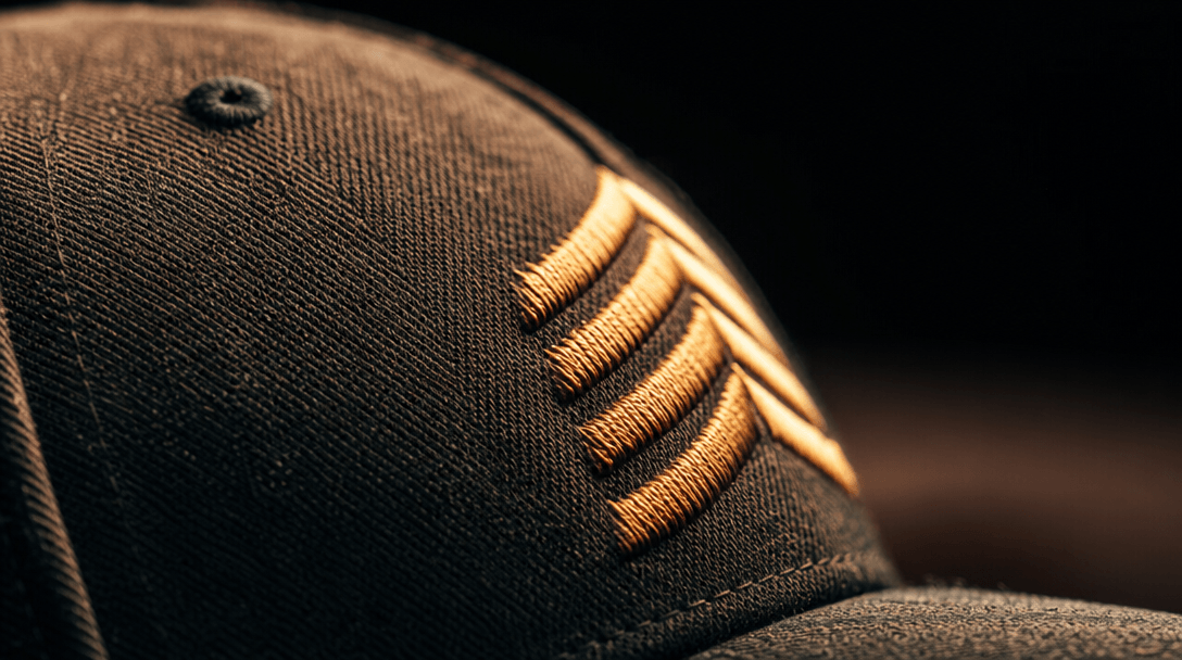 Extreme macro close-up photograph of premium cap fabric — tightly woven cotton twill with embroidery thread catching war