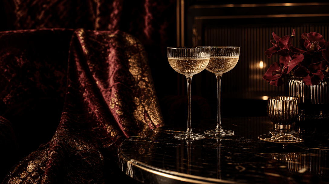 Rich velvet fabric with gold accents, champagne glass reflections, moody luxury interior lighting, dark editorial aesthe