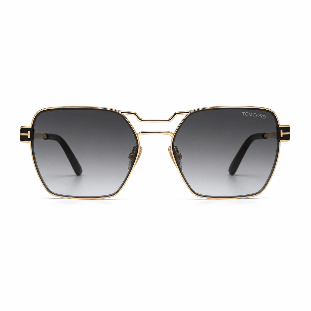 Designer sunglasses isolated on pristine white background, professional studio lighting, luxury brand aesthetic, product