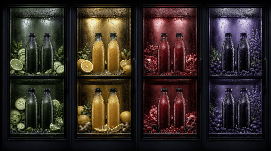 Four coordinated beverage packages arranged across connected refrigerator compartments, each compartment using a differe