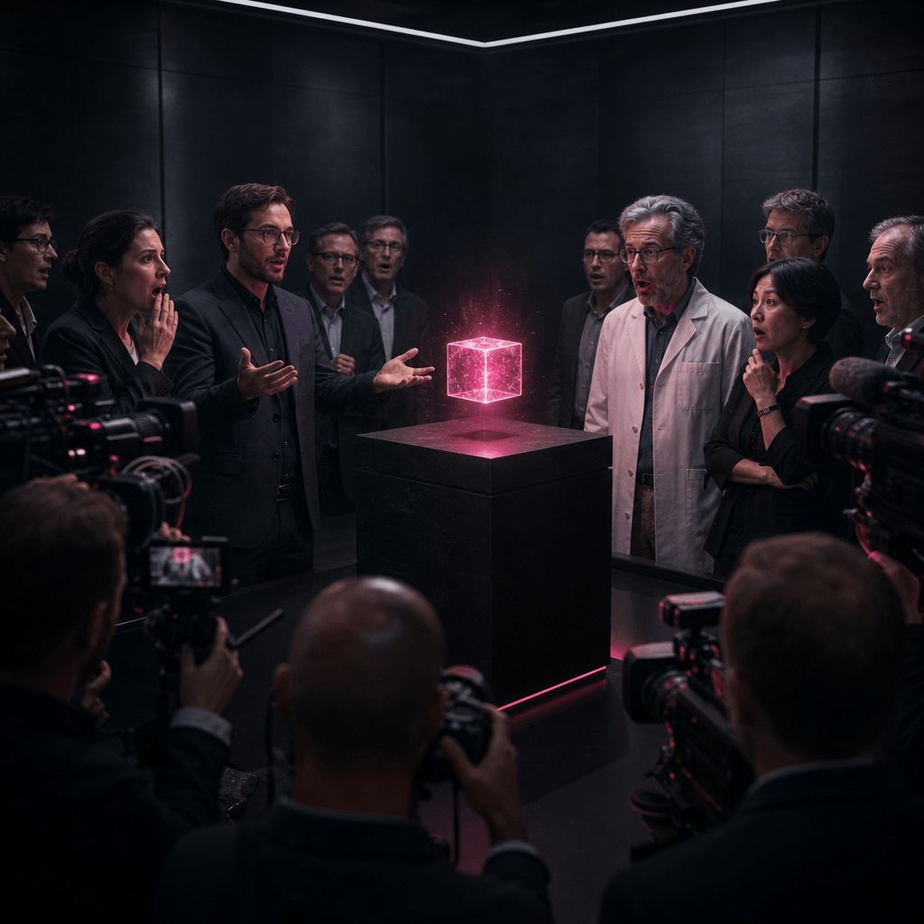 A fictional press conference about a tiny glowing cube hovering above a black pedestal, surrounded by astonished generic