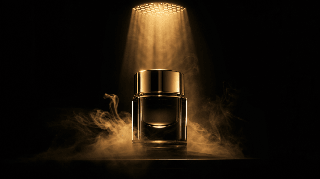 Cinematic dark studio: a luxury beauty product emerging from dense theatrical fog into a tight pool of warm golden overh