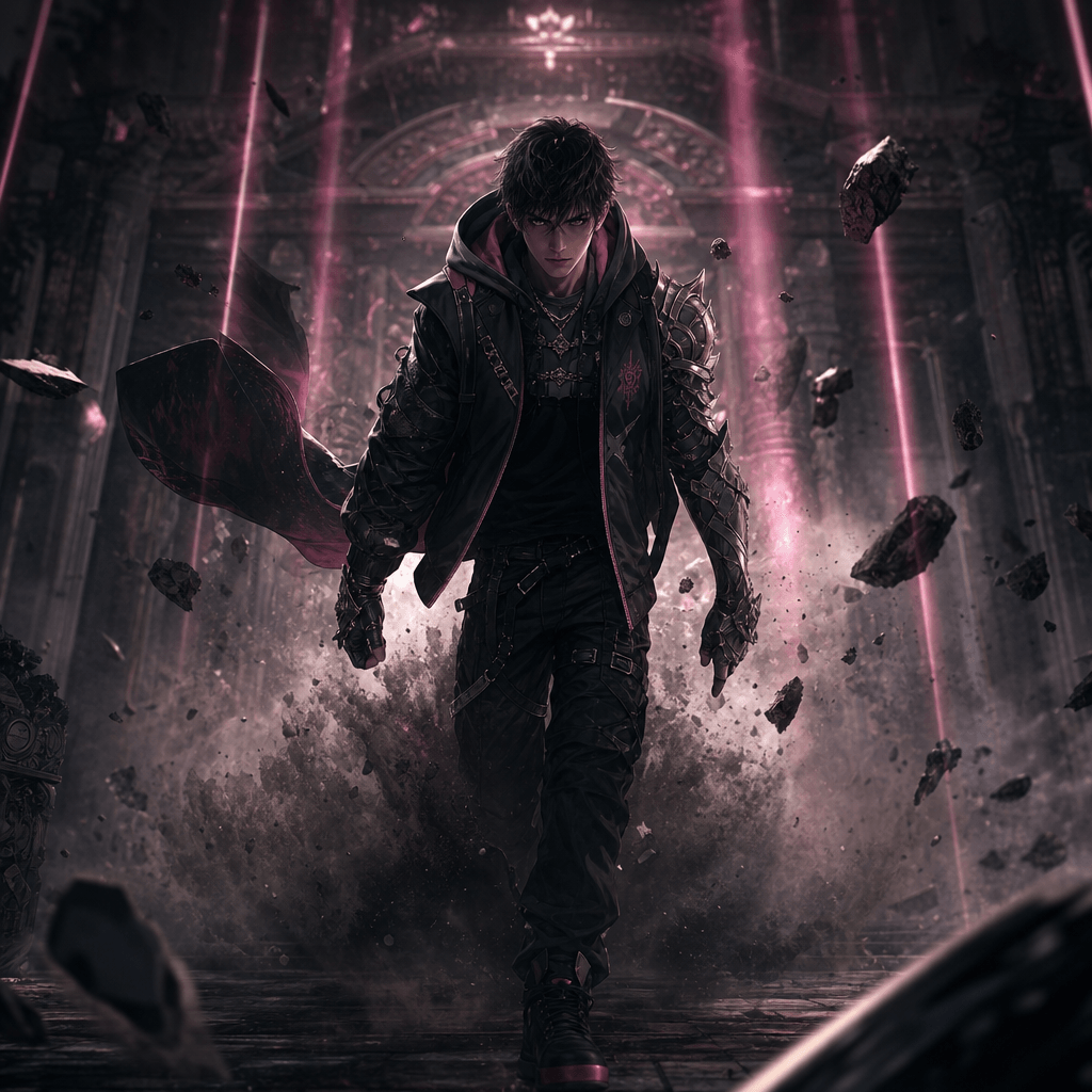 A young adult anime hero emerging from a cloud of dust inside a ruined ceremonial hall, protective armor mixed with mode