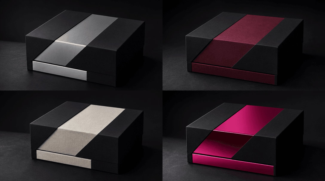 Four coordinated presentation boxes arranged as a sophisticated campaign series, each built from the same matte-black st