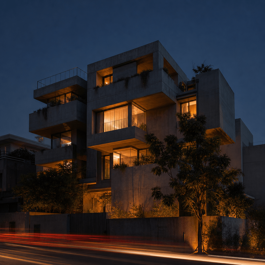 Contemporary concrete residential building at blue hour, warm amber glow emerging from illuminated windows against a dee
