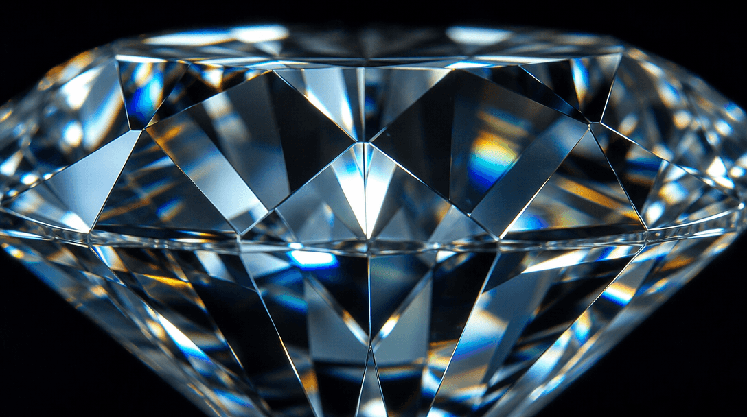 Extreme macro of brilliant-cut diamond facets refracting light into a subtle spectrum, ultra-sharp depth-of-field showin