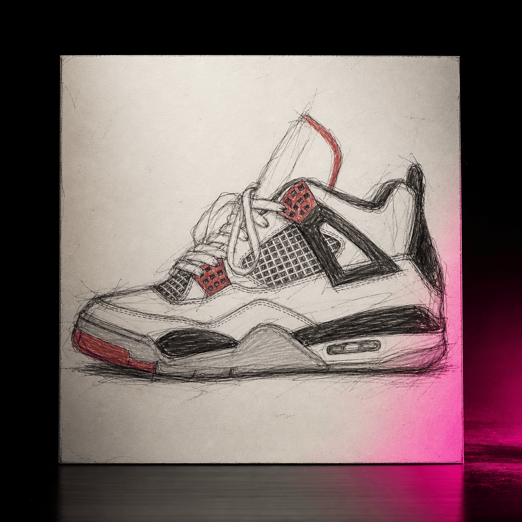 A fashionable sneaker redrawn with wobbly amateur linework, warped sole, uneven laces, naive perspective, chaotic graphi