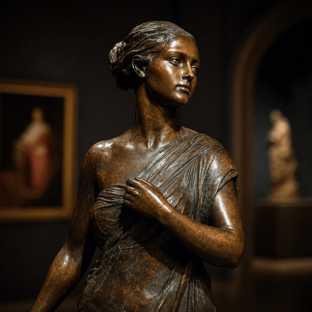 Bronze statue with rich patina, museum spotlight effect, atmospheric gallery ambiance, dark editorial background, cinema
