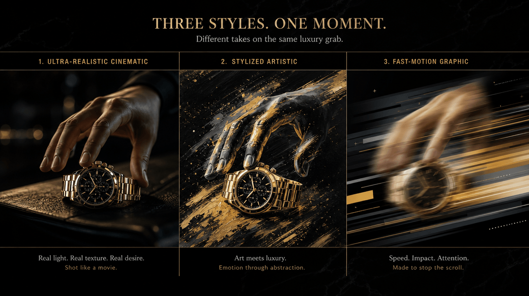 Three different cinematic renditions of a luxury product being grabbed—one ultra-realistic cinematic, one stylized artis