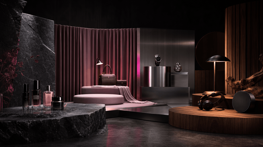 Four distinct product campaign worlds arranged as connected physical stages within one dark studio: polished stone, soft