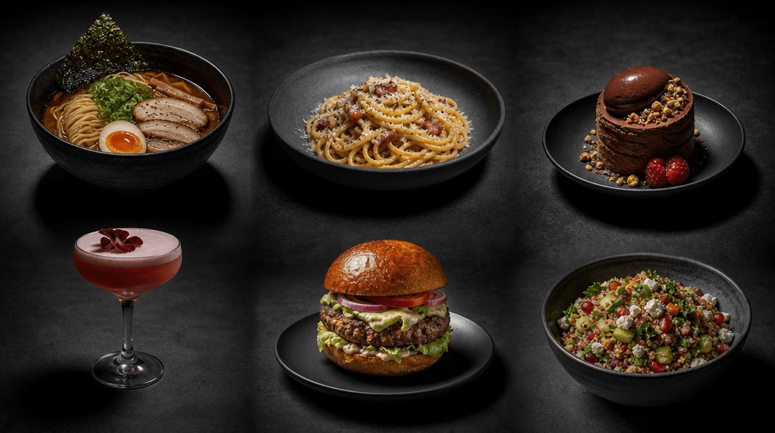 Abstract wide editorial scene: six distinct gourmet dishes arranged in a precise grid composition on a single dark surfa