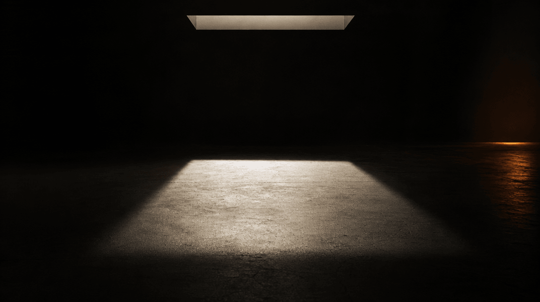 Abstract cinematic wide shot of a dark near-black surface with a single rectangular overhead light casting a clean brigh