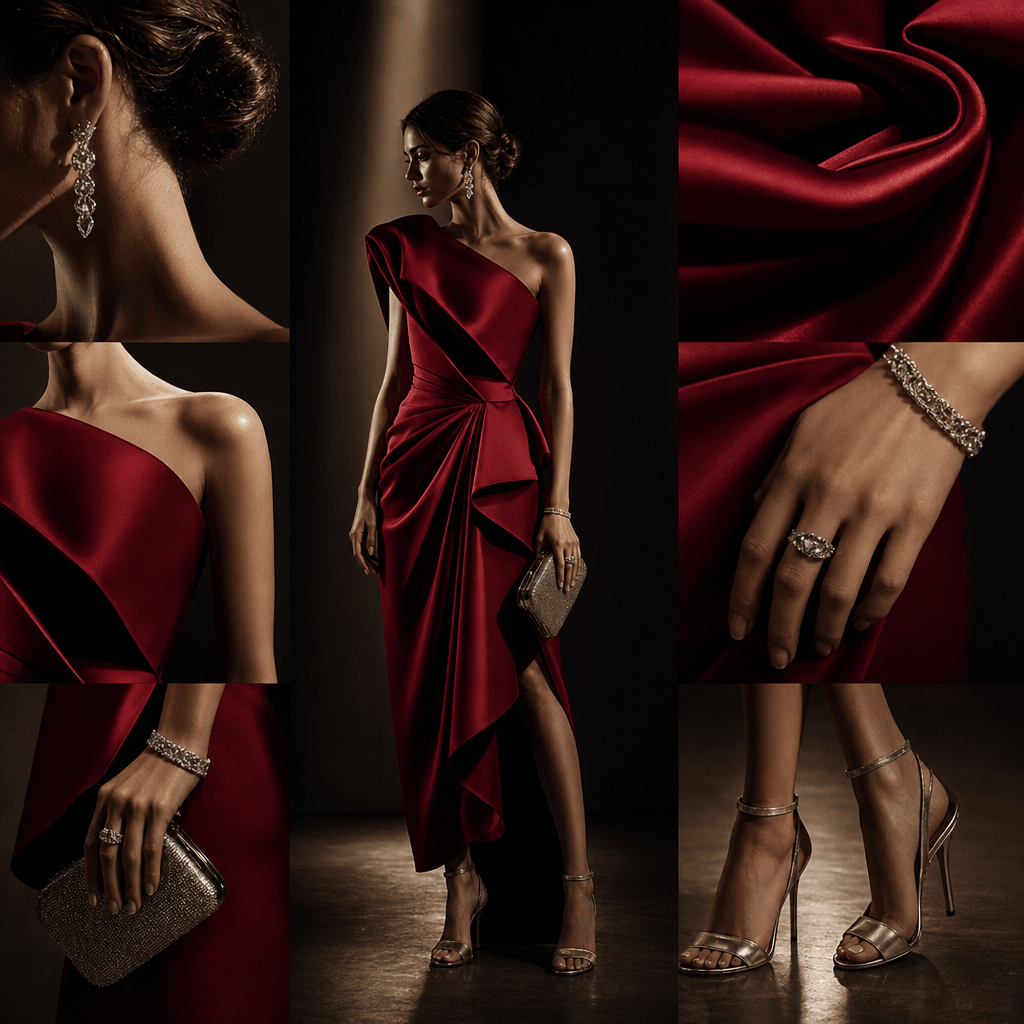 An expressive evening fashion breakdown centered on a deep red sculptural dress with silver jewelry, a small clutch, and