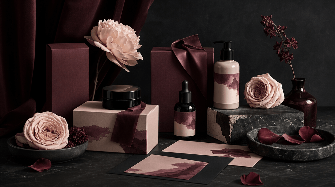 A cohesive campaign still life where packaging, petals, fabric, and paper all share a restrained burgundy, blush, ivory,