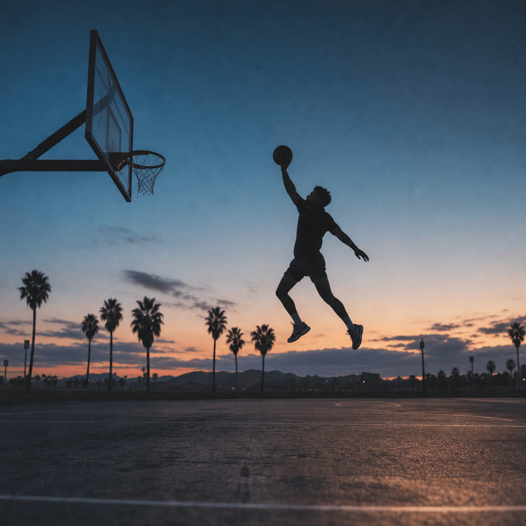 Wide cinematic shot of an outdoor basketball court at blue hour. A single player silhouetted mid-jump against a gradient